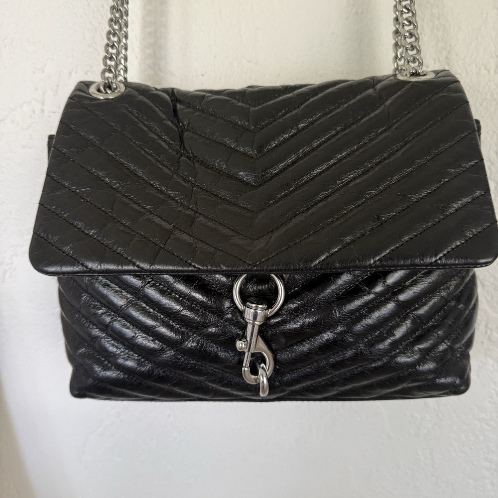 Rebecca Minkoff Edie Flap Shoulder Bag Soft Black Leather Chain Handle 12 x 8.5
